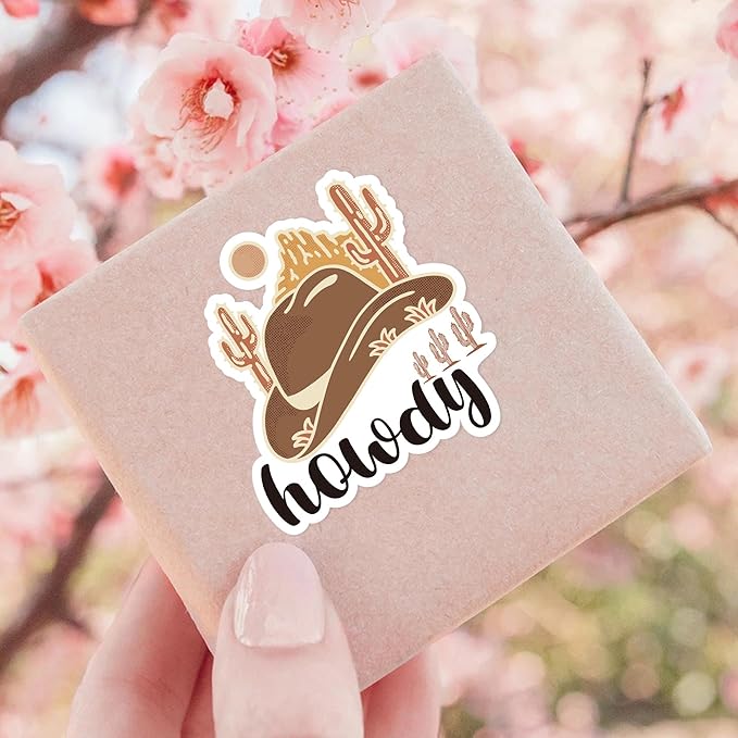 Bttwkco 500pcs Howdy Cowboy Hat Sticker Roll, Western Party Stuff, Wild Life Cowgirl, Happy Mail, Thank You - Western Theme