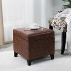Adeco 17" Storage Ottoman Foot Rest Stool, Dark Brown Leather Ottoman with Black Solid Wood Legs and Hinged Lid, Small Foot Stool for Living Room, Bedroom