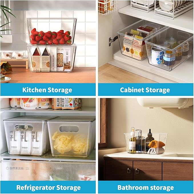 KJIXYUNG 4 Pack Clear Stackable Storage Bins with Lids, Large Plastic Pantry Organizers and Storage Containers for Kitchen Cabinet, Fridge, Closet, Bathroom - BPA-Free Home Organization Must Haves
