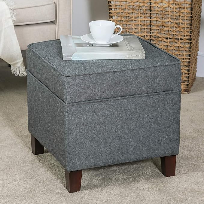 Asense 17 Inch Square Storage Ottoman,Small Foot Rest Stool for Couch, Linen Fabric Upholstered Footstool Cube for Entryway Bedroom Living Room, Dark Grey