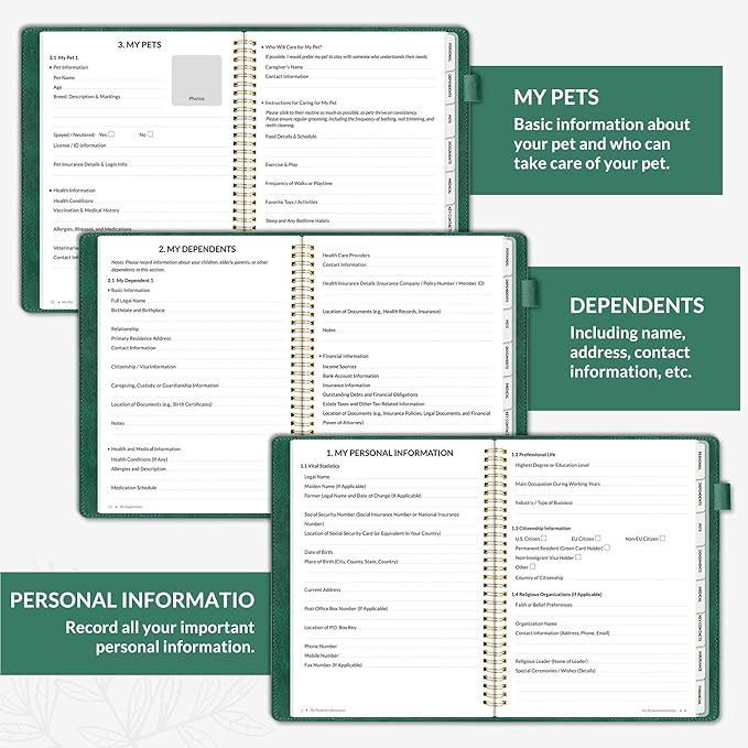 SUNEE End of Life Planner,I‘m Dead Now What Planner, Large Print Spiral-Bound Estate Organizer with Tabs for Seniors & Family. Covers Final Wishes, Passwords,Funeral Planning. A4（9"x11.2"),Deep Green