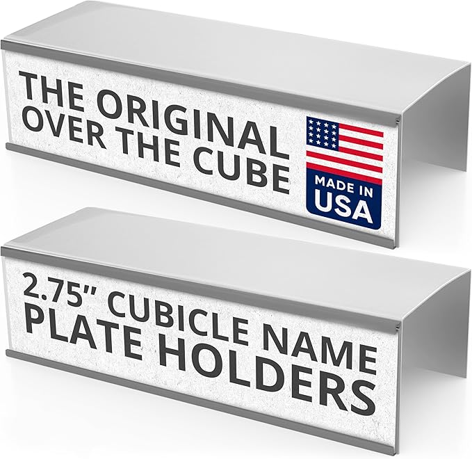 The Original Over the Cube - Quality Aluminum, Changeable Cubicle Nameplate Holder, Satin Silver Base, and Matte Black Name Plate Holder, (2.75" cubicle wall depth) - Made in the USA