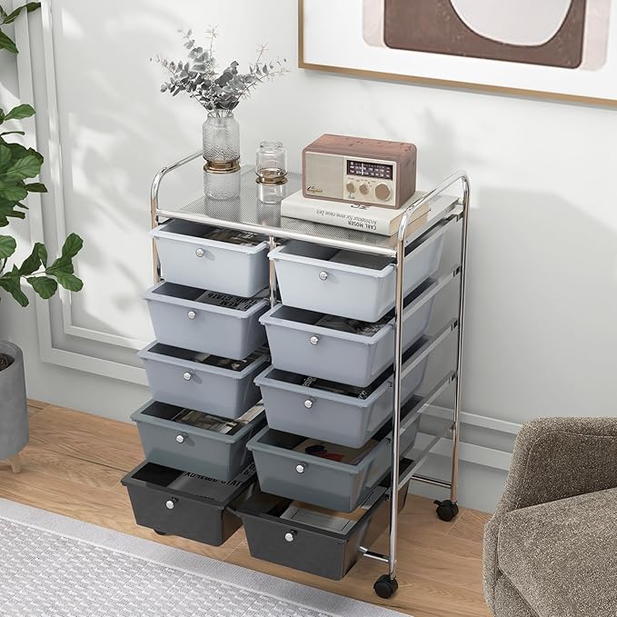 HAPPYGRILL 10-Drawer Rolling Storage Cart, Storage Organizer Cart with Lockable Wheels, Beauty Salon Movable Utility Cart for School, Office, Home, (Black Gradient)
