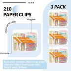 NEEWAY Colorful Paper Clips Assorted Sizes, Small and Large Paperclips, 210 Count, 3 Pack of 70 (Multicolor)