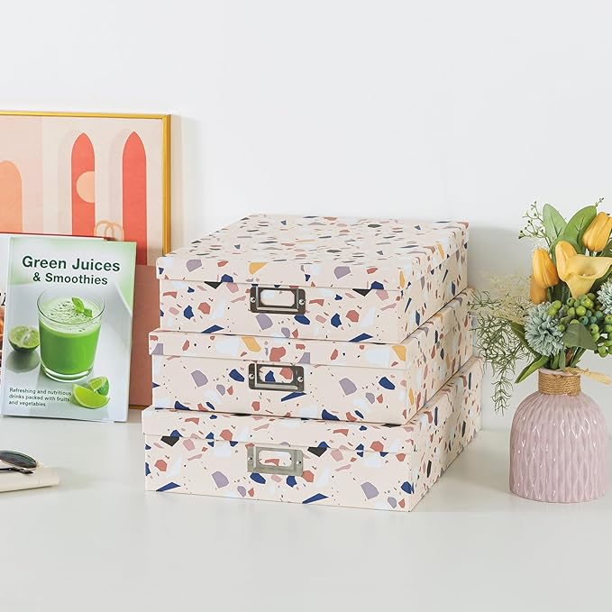 Soul & Lane Decorative Cardboard Storage Boxes With Lids for Home Décor, Set of 3 Nesting Photo Storage Box Set for Organizing, Scrapbooks, Keepsakes, Terrazzo Print Memory Containers