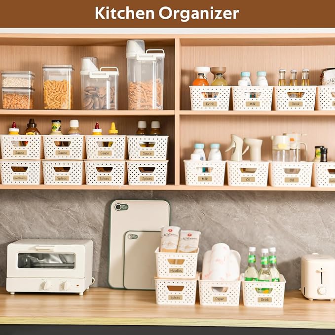 AntStep 8 Pack Plastic Storage Bins with Bamboo Lids - Stackable Storage Baskets with Handle for Pantry Organizer and Storage, Plastic Containers Bins Lidded Storage Bins for Classroom Office Shelves