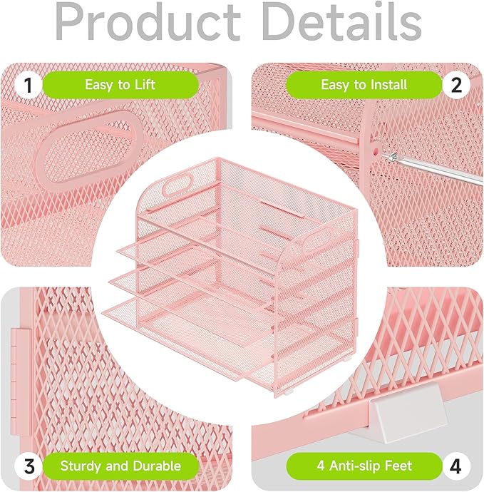 Cawukege 5 Tier Paper Organizer with Handle, Metal Mesh Desk Organizer File Folder Paper Letter Tray Desktop Document Sorter for Classroom, School, Office Accessories Organization and Storage - Pink