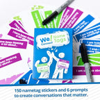 We! Connect Name Tag Stickers (150 PCS) - Easy-to-Write Name Stickers with Conversation Starters - Ideal for Networking, Ice Breakers & Adult Educational Team Building Games - Self-Adhesive Tags