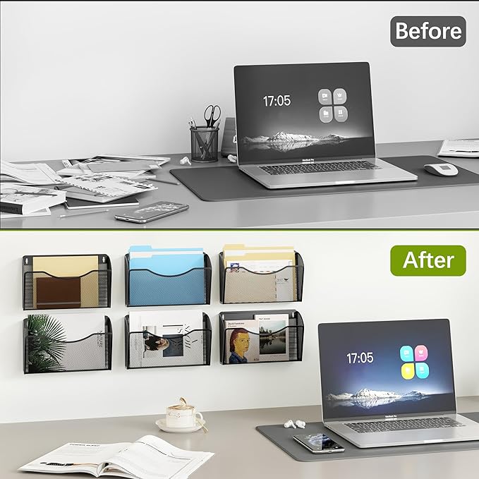 EasyPAG 6 Single Pocket Wall File Organizer, Mesh Hanging File Folder Organizer for Letter/A4 Size Folders, Wall Mounted Vertical Mail Holder for Paperwork, Office, Home, School, Black