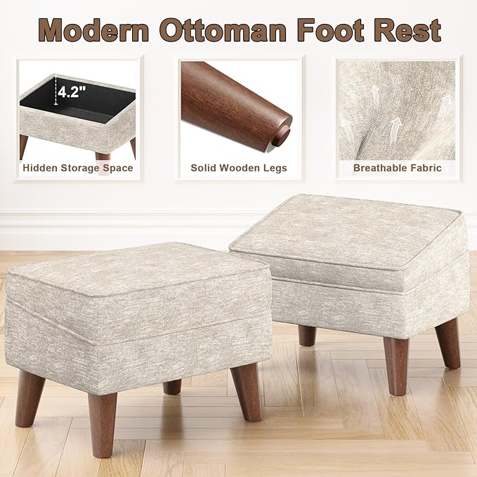 FAGAGA Ottoman Foot Rest, Small Footstool Ottoman with Storage, Modern Foot Stool with Adjustable Lid and Sturdy Wood Legs for Living Room, Bedroom, Couch, Enterway (Beige)