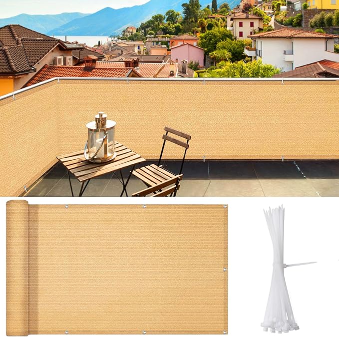 iCover 3x10ft Balcony Privacy Screen Fence, UV-Resistant Railing Fencing Cover for Porch Deck Patio Garden Backyard, Cable Zip Ties Included, Sand