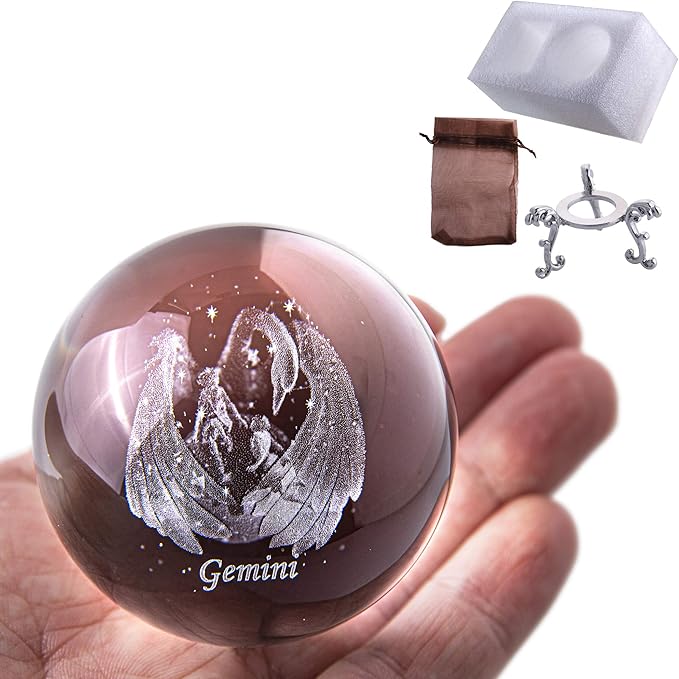 3D Constellation Crystal Ball 60mm Crystal Paperweight Full Sphere Glass Fengshui with Sliver-Plated Flowering Stand(Gemini)