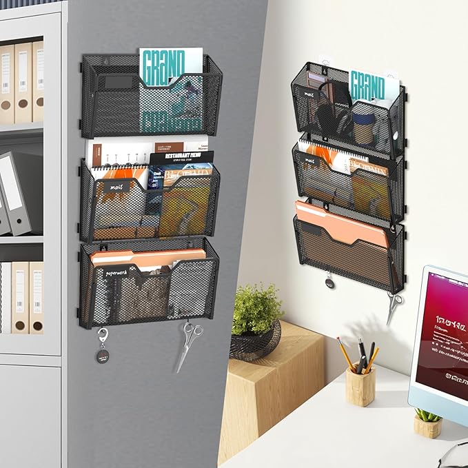 SUPEASY Magnetic File Holder, 3 Pack File Folder Organizer, Wall File Organizer, No Drilling Paper Document Holder & Binder Holder for Home / Office (with Label Panel, 8 * Adhesive Wall Hook)