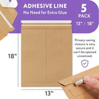 APQ Supply Natural Brown Rigid Mailers, 13 x 18 Inch. Pack of 5 Cardboard Envelopes for Photos, Documents. Sturdy Stay Flat Mailers with Self-Seal Closure. Hard Rigid Shipping Envelopes