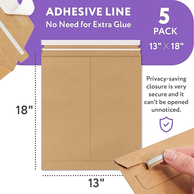 APQ Supply Natural Brown Rigid Mailers, 13 x 18 Inch. Pack of 5 Cardboard Envelopes for Photos, Documents. Sturdy Stay Flat Mailers with Self-Seal Closure. Hard Rigid Shipping Envelopes
