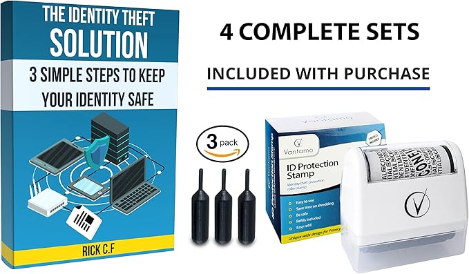 Vantamo Identity Protection Roller Stamps Wide Kit, Including 3-Pack Refills - Designed for Secure Confidential ID Blackout Security, Anti Theft and Privacy Safety (4-Pack White)
