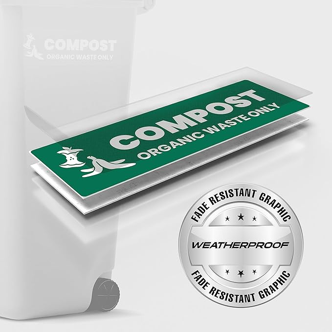 Compost Sticker - Organic Waste Only Bin Label - 3-5 Year Indoor/Outdoor Rated - Heavy Duty, Weather Proof, Ultra Durable - USA Made (6x2 inch), 20 Labels