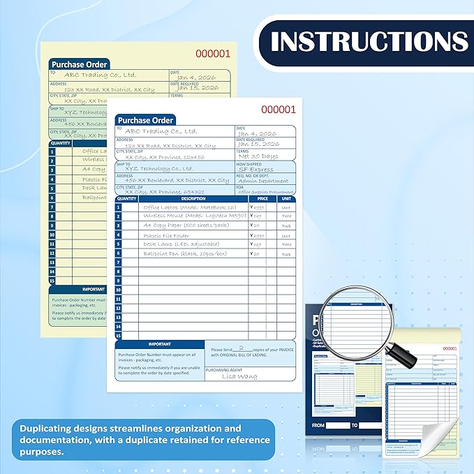 200 Sets Purchase Order Book 5-9/16 x 8-7/16 Inches 2 Part Carbonless Copy Numbered Spiral Bound Purchase Order Forms Receipt Book Invoice Book for Small Business Office (4)