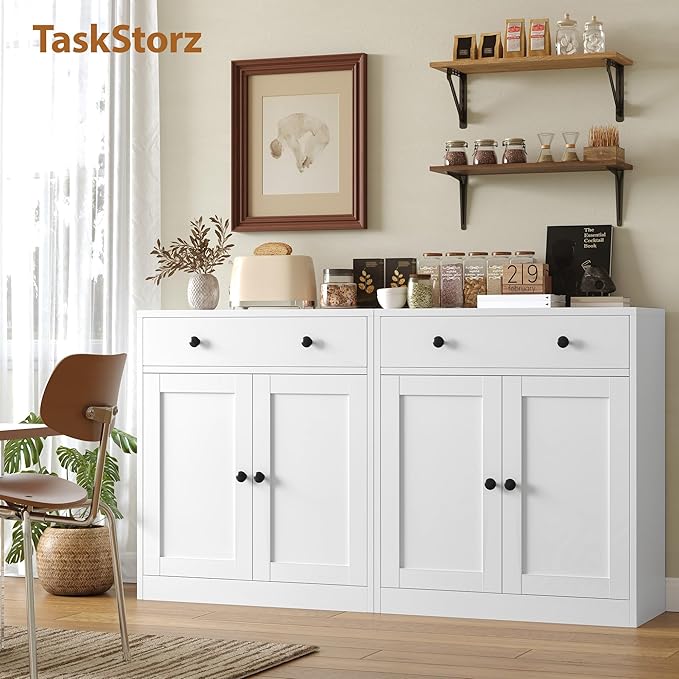 TaskStorz Metal Storage Cabinet with 2 Doors and 1 Drawer，Farmhouse Buffet Cabinet with Storage，32.3" H Coffee Bar Cabinet with Storage for Kitchen, Dining Room, Hallway, White