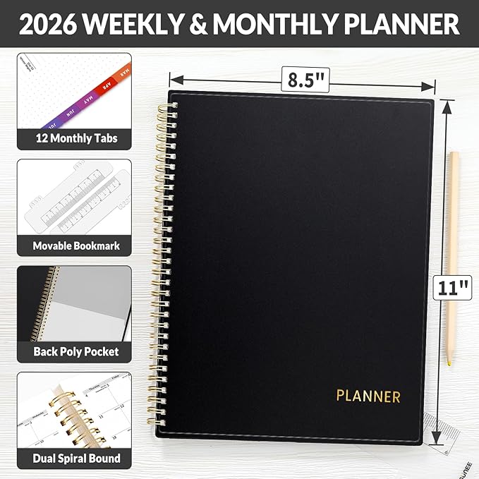 SUNEE 2026 Weekly and Monthly Planner - from January 2026 - December 2026, Daily Agenda Planner with Monthly Tab, Flexible Cover, Note Pages, Pockets, Bookmark, Spiral Binding, Black, 8.5"x11"