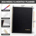 SUNEE 2026 Weekly and Monthly Planner - from January 2026 - December 2026, Daily Agenda Planner with Monthly Tab, Flexible Cover, Note Pages, Pockets, Bookmark, Spiral Binding, Black, 8.5"x11"