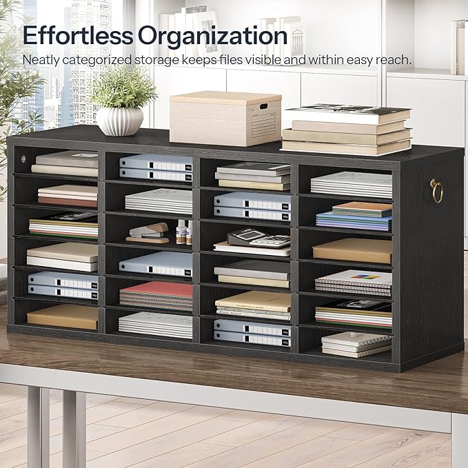 HOOBRO Literature Organizers, 24 Compartments Office Mailbox with Adjustable Shelves, Wood Countertop Literature Sorter for Office, Home, Classroom, Mailrooms Organization Black BK64WF01