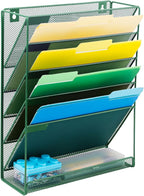 EASEPRES Desk File Organizer Mesh 6-Tier, Hanging Wall Mount Document Organization Stand, Desktop Vertical Mail Paper Folder Holder Rack with Bottom Tray for Office Home Cubicle Countertop, Dark Green