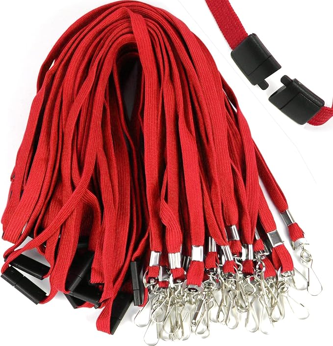 Ollain 25 Pack Breakaway Lanyard with J-Hook Bulk Flat Lanyards for Name tag ID Badges (Red, Breakaway 25 Pack)