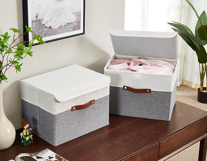 DECOMOMO Fabric Storage Bins with Lid, Storage Baskets for Shelves (Grey and White, 3 Pack)