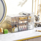 Prsildan Acrylic Drawer Makeup Organizer with 9 Drawers, Set of 3 Office Desk Organizers Accessories, Clear Stackable Storage Drawers for Vanity, Countertop, Craft, Jewelry, Art Supply Organization