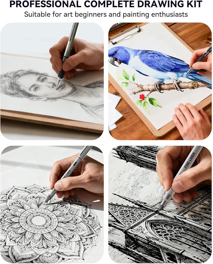 Four Candies 73PCS Advanced Art Supplies Drawing Kit with Fineliner Pens, Mechanical Pencils, 3-Color Sketchbook, Charcoal Sticks,Pastels for Sketching Drawing Comics Gifts for Professionals Artists
