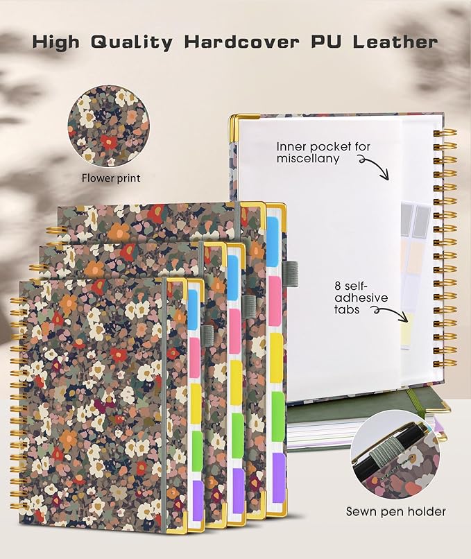 Hardcover Spiral Notebook journal with Removable Dividers Tabs, 300 Pages Leather 5 Subject Notebook College Ruled, 100GMS Notebooks for Work School Note taking,Lined Journal for Women,A5-Flower