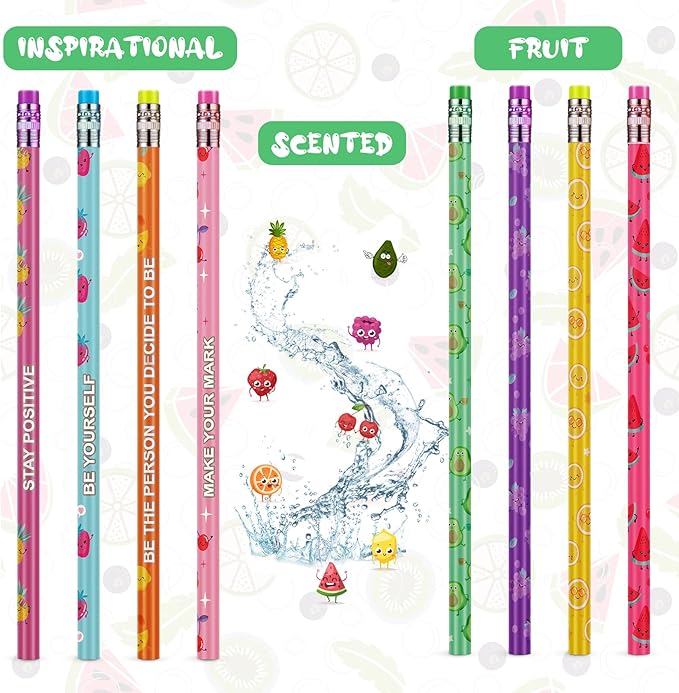 Leinuosen 100 Pcs Scented Pencils Bulk for Kids Inspirational Cute Fun Wood Smelly Pencils with Erasers Fruit Elements for School Classroom Office Students
