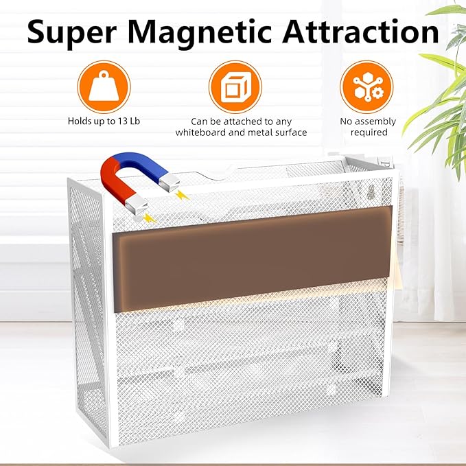 KZWKRG 4 Tier Magnetic File Holder, Large Capacity Mesh Hanging Wall Organizer Vertical Magnetic Hanging File Organizer, Magnetic File Folder Holder for File Cabinets, Office, Whiteboard (White)