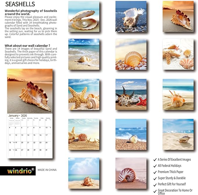 2026 Wall Calendar,Calendar 2026, November 2025 - December 2026, Wall Calendar Seashells, 12" x 24" Opened,Full Page Months Thick & Sturdy Paper for Calendar Organizing & Planning