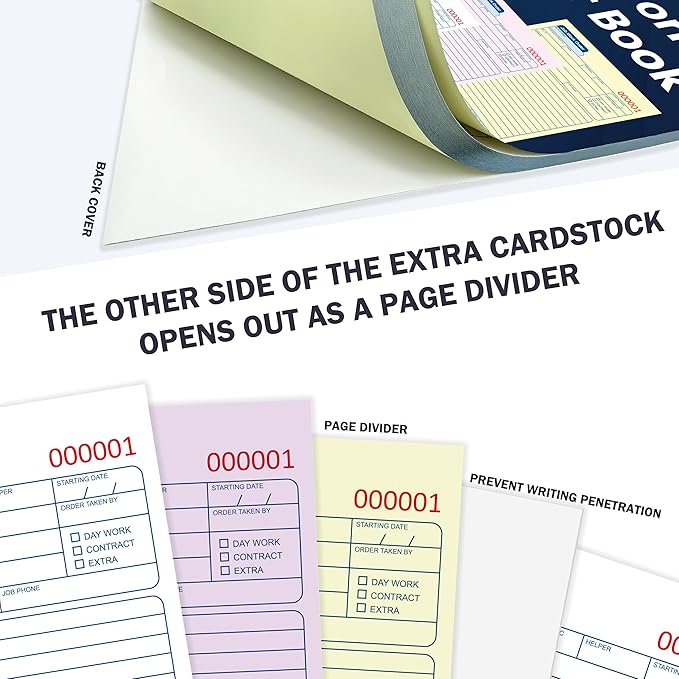 150 Sets Job Work Order Form Book 3 Part Carbonless Work Order Invoice Book 5.5 x 8.3 inch Job Order Forms with Numbers and Tear Off Top with Hard Backing for Business Service (3)