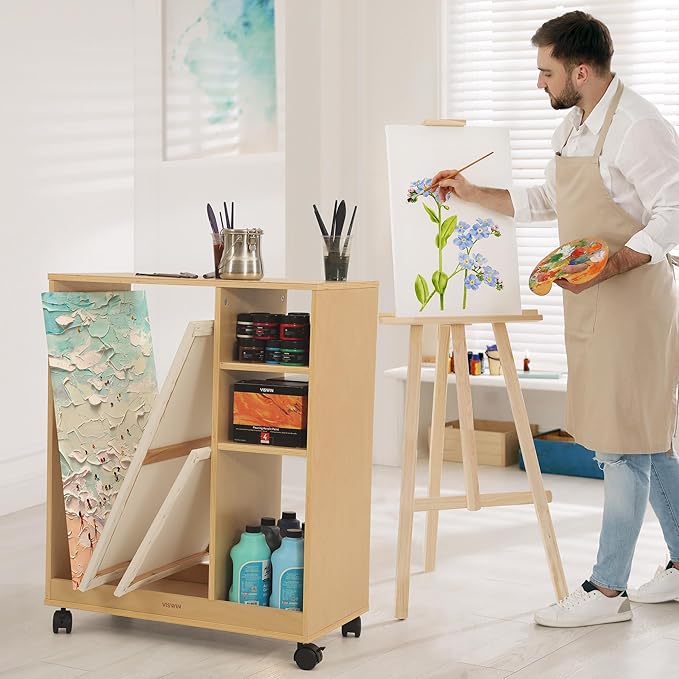 VISWIN Art Cart Organizer, Solid Pine Wood Art Supply Storage Organizer with Caster Wheels, 3-Tier Multifunctional Rolling Utility Storage Cart for Studio, Classroom, Artists - Natural