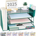 OPNICE Desk Organizer, 4-Tier Desktop File Organizer with Drawer and 2 Pen Holders, Office Desk Accessories, File Sorters, Workspace Organizers for Office Supplies(Dark Green)