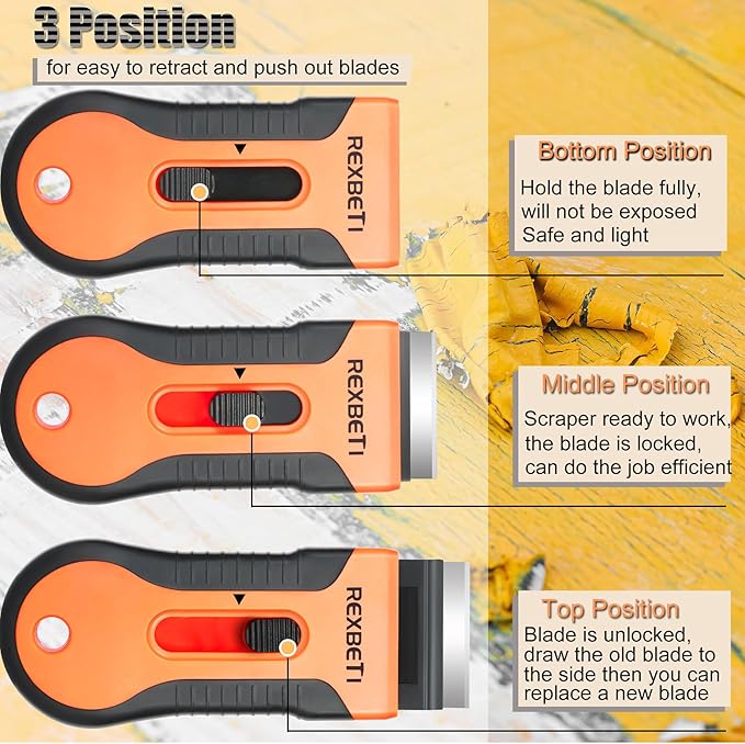 REXBETI Razor Blade Scraper Tool, 2 Pack Razor Scraper Set with Extra 80Pcs Razor Blades -30Pcs Metal and 50Pcs Plastic Blades, Cleaning Scraper Tool, Cooktop, Paint, Glass Scraper