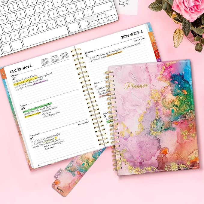 SUNEE 2026 Weekly and Monthly Planner - from January 2026 - December 2026, Daily Agenda Planner with Monthly Tab, Flexible Cover, Note Pages, Pockets, Bookmark, Spiral Binding, Marble, 6.4" x 8.3"