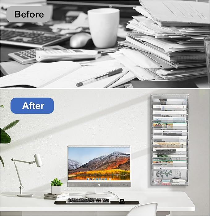 EasyPAG Wall File Holder 14 Tier Mesh Hanging Folder Organizer with Flat Tray Wall Mounted Mail Organizer Magazine Paper Desk Shelf with Nametag Label for Office Home School, Silver