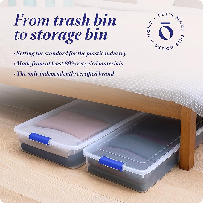 HOMZ 2-Pack Under Bed Storage, Clear Plastic Containers with Lids, 60 Quart, Blue Latch - Stackable Underbed Organizer Bins for Shoes, Bags, Clothes, and Towels