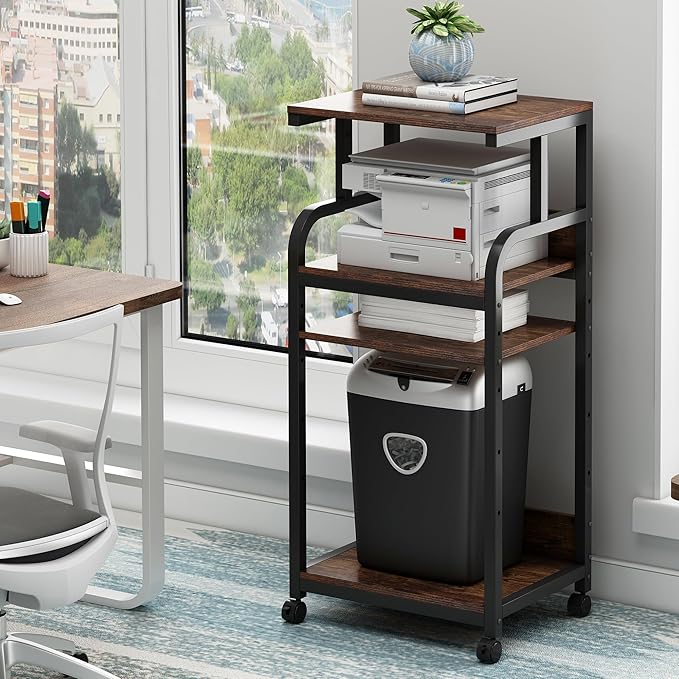 Fannova 4-Tier Printer Stand with Adjustable Storage Shelf, Large Tall Printer Table with Wheels for Home Office Small Spaces Organization, Rustic Brown