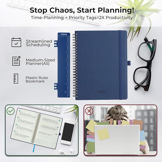 IN-LUXPRO Planner 2026 Daily Weekly and Monthly,8.5"x6.5",12 Months Spiral Bound Calendar Agenda with Self-adhesive Pen Holder,2026 Appointment Book with Vegan Leather Soft Cover,Blue