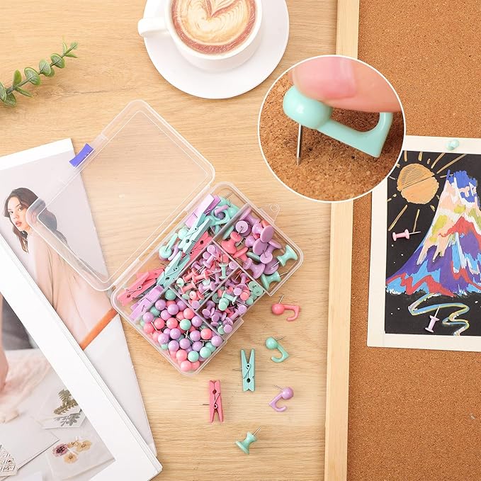 200 Pieces Push Pins Set, 5 Types Colorful Thumb Tacks Cute Decorative Push Pins for Wall Cork Board Bulletin Boards with Storage Box