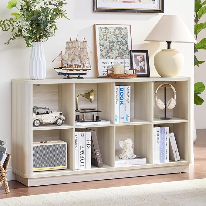 Joaxswe 8 Cube Storage Bookcase, 52" Long Horizontal Book Shelf w/Curved Edge, Wood Low 2-Tier Cubby Console Bookshelf with Base, Modern Floor Standing TV Stand for Living Room, Grey-White Cream Oak