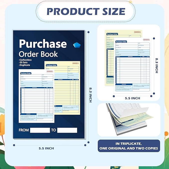 200 Sets Purchase Order Book 5-9/16 x 8-7/16 Inches 2 Part Carbonless Copy Numbered Spiral Bound Purchase Order Forms Receipt Book Invoice Book for Small Business Office (4)