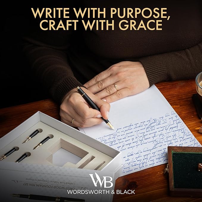 Wordsworth & Black Fountain Pen Gift Set, Includes Ink Bottle, 6 Ink Cartridges, Ink Refill Converter, 4 Replacement Nibs, Luxury Bamboo, Journaling, Calligraphy, Smooth Writing Pens [Black Wood]