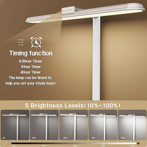 AKRRYR LED Desk Lamp for Home Office, Double Head Desk Lamp,24W Dimmable Desk Light 5 Color 5 Brightness Levels Office Lamp, Adjustable Gooseneck Office Light Eye Protection (White-Large Desk lamp)