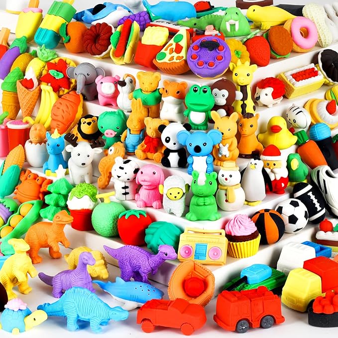 URSKYTOUS 110Pcs Animal Erasers Kids Desk Pets Pencil Erasers 3D Puzzle Eraser Bulk Mini Animal Food Toys Fun Cute Eraser for Classroom Rewards, Game Prizes, Treasure Box, Easter Egg Fillers